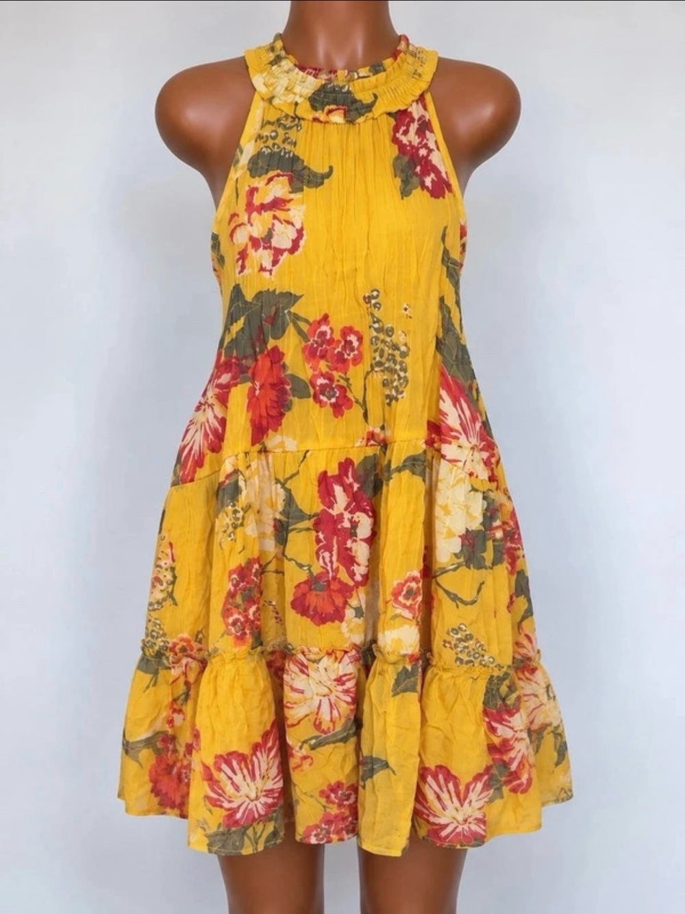 Mlle Gabrielle Yellow Floral Halter Mini Dress with Red & Green Accents